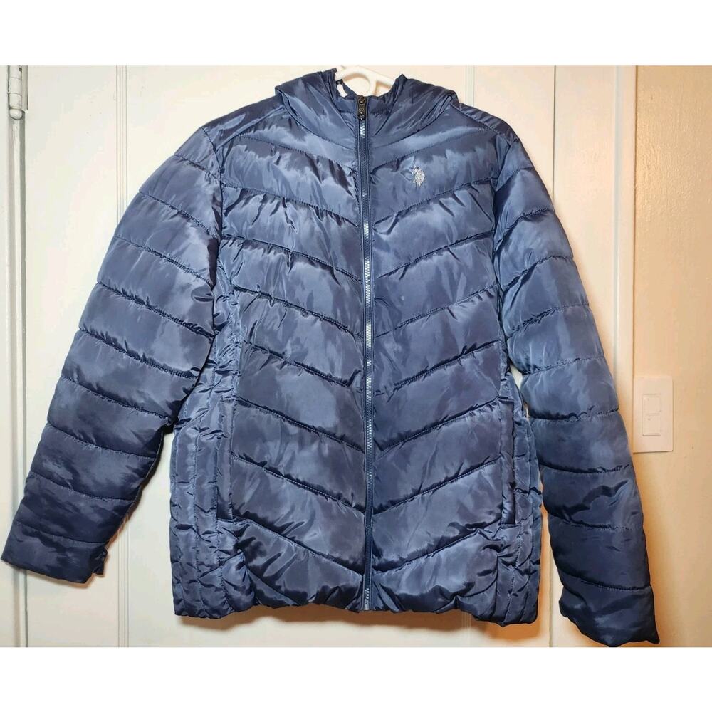 US Polo Assn Puffer Jacket Women's Size XL Indigo Blue Hooded Faux Fur Lined‎